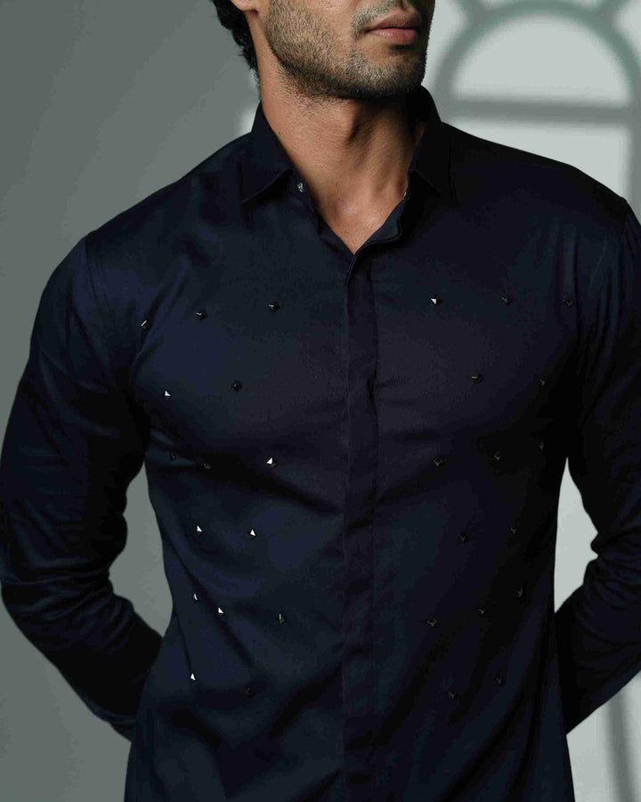 Pyramid Polka – Navy Blue Shirt with Onyx Stud Embellishment