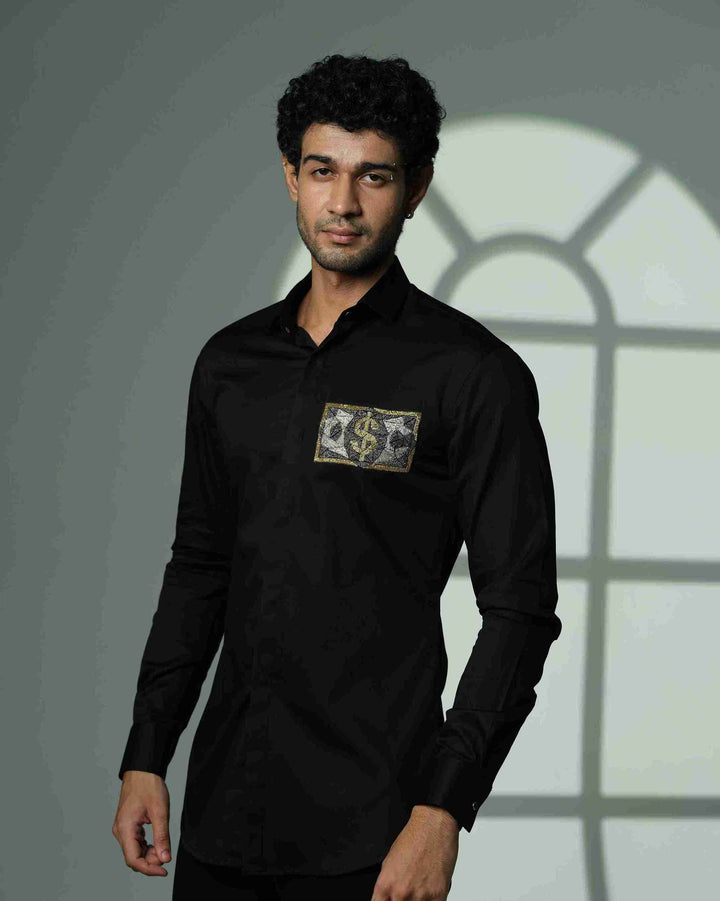 Black Shirt with Dollar on Pocket Square