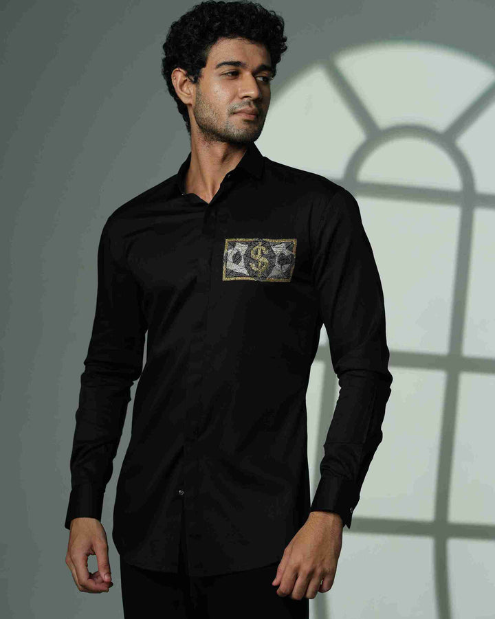 Black Shirt with Dollar on Pocket Square