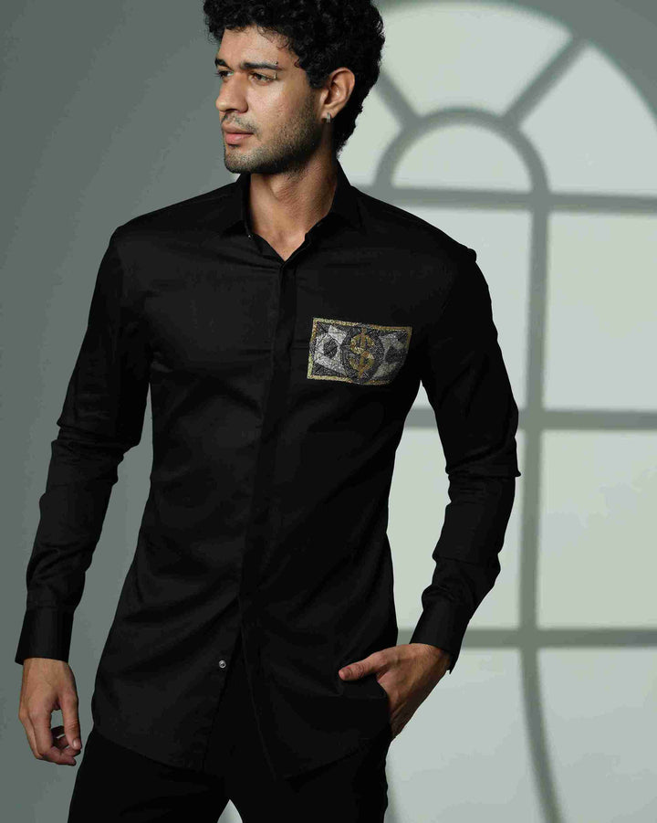 Black Shirt with Dollar on Pocket Square
