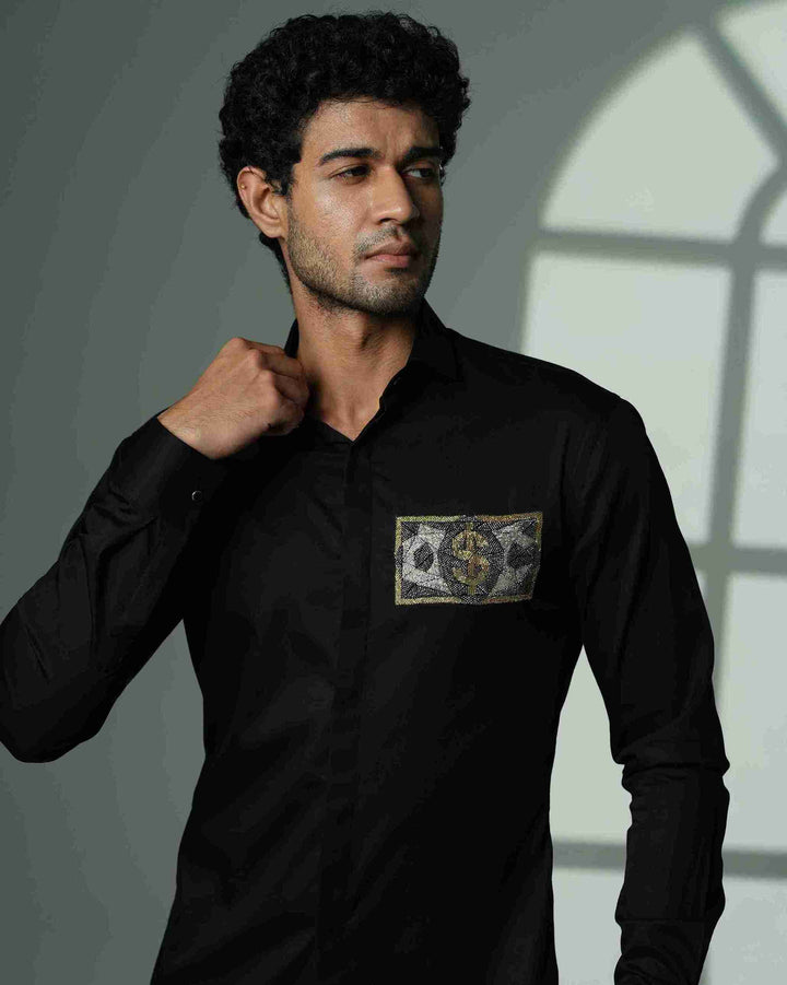 Black Shirt with Dollar on Pocket Square
