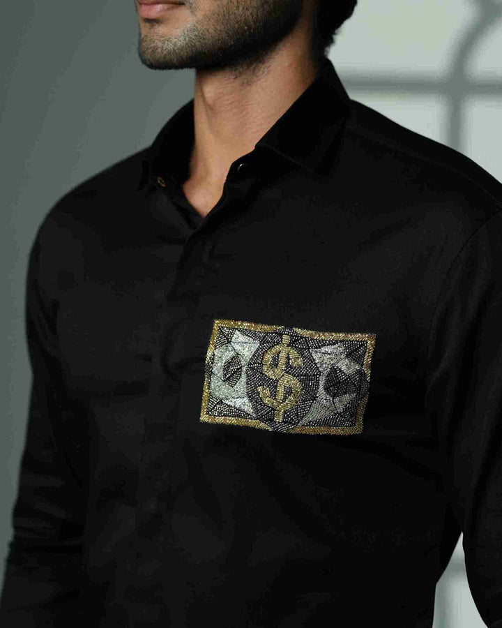Black Shirt with Dollar on Pocket Square