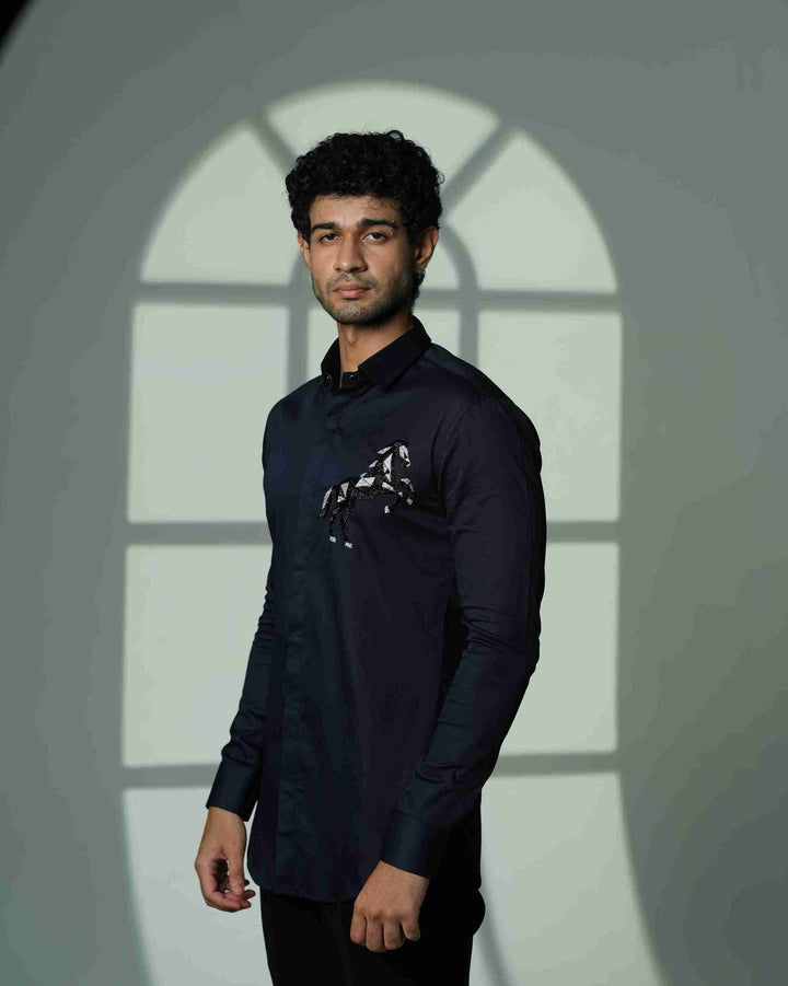Navy Blue Shirt with 3D Horse on Pocket Square