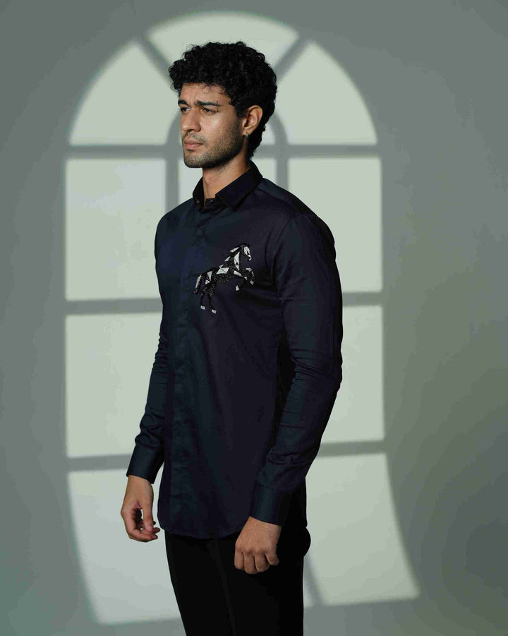 Navy Blue Shirt with 3D Horse on Pocket Square
