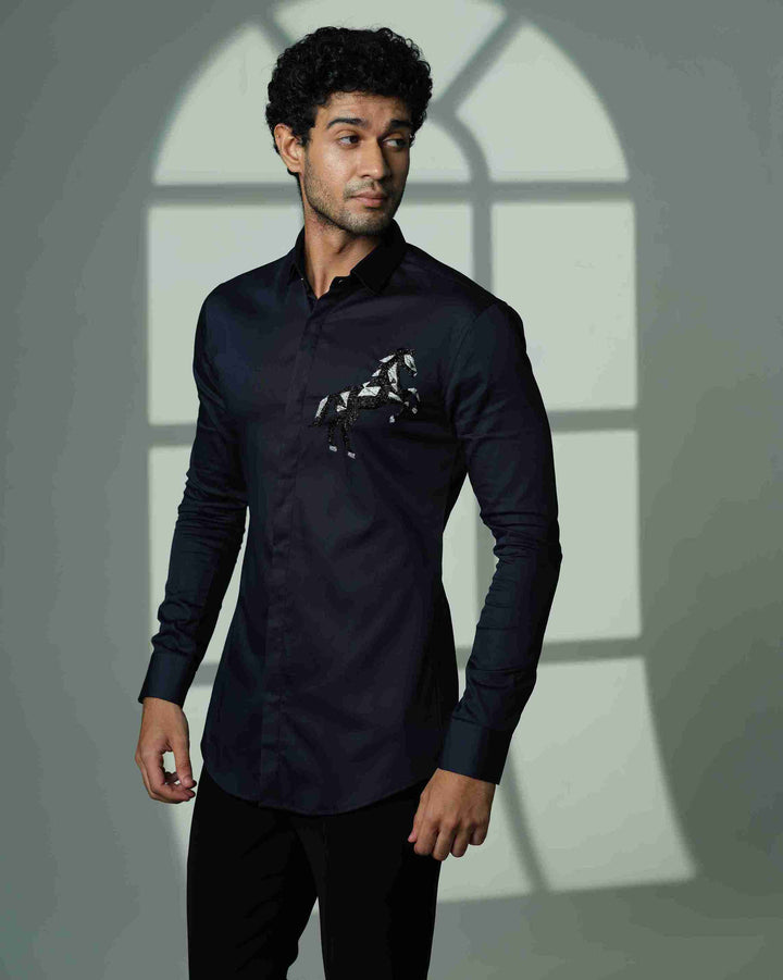 Navy Blue Shirt with 3D Horse on Pocket Square