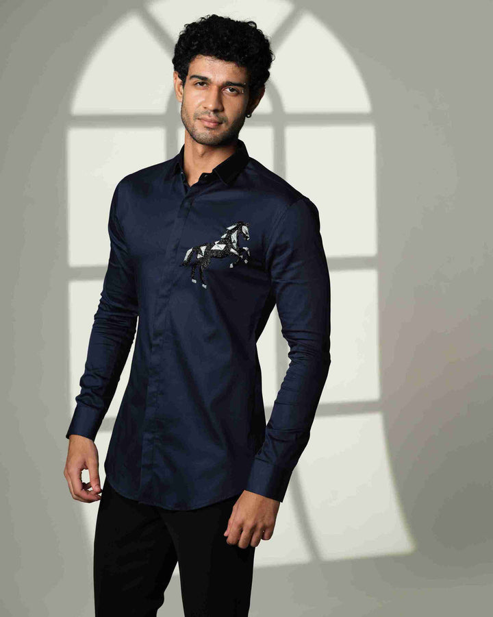 Navy Blue Shirt with 3D Horse on Pocket Square