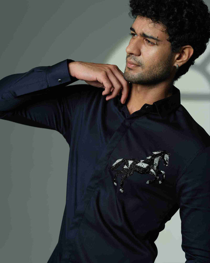 Navy Blue Shirt with 3D Horse on Pocket Square