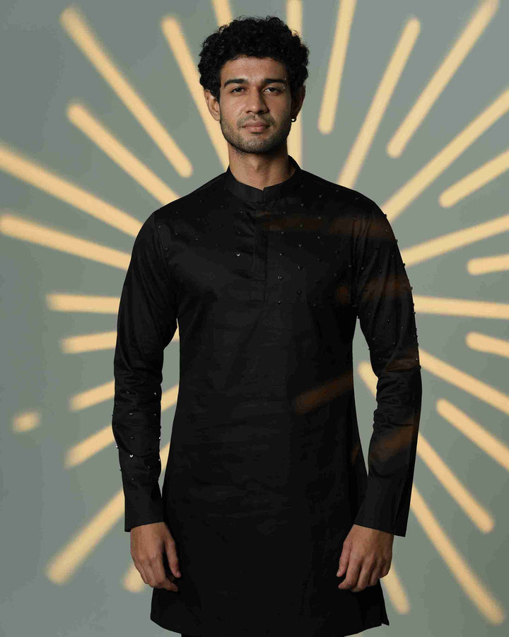Black Kurta with Arrows on Sleeves and Shoulder Chitha work