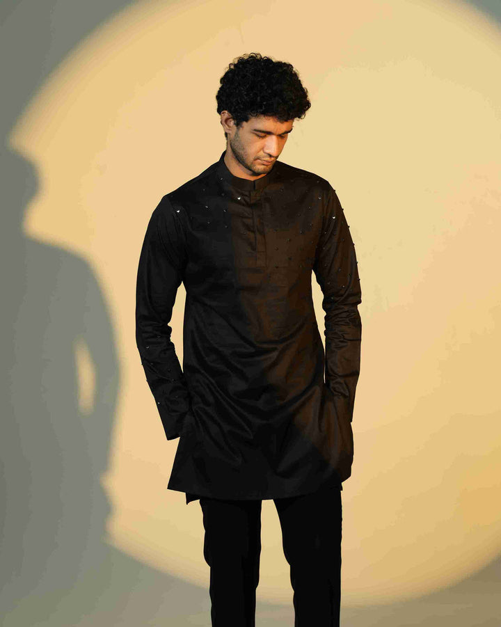 Black Kurta with Arrows on Sleeves and Shoulder Chitha work