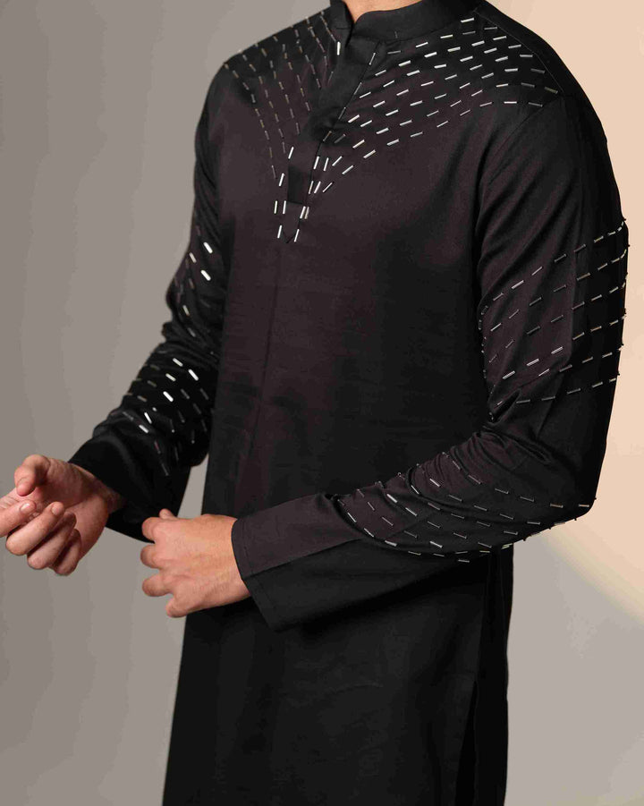 Black Kurta with V shape sally design on kurta