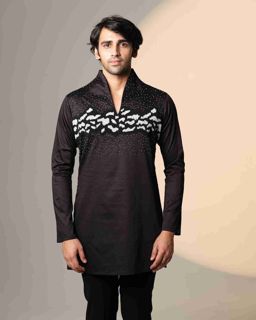 Black Kurta with Hand-Beaded Abstract Monochrome Panel & Scattered Crystal Embellishment