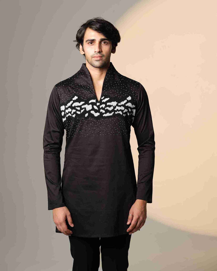 Black Kurta with Hand-Beaded Abstract Monochrome Panel & Scattered Crystal Embellishment