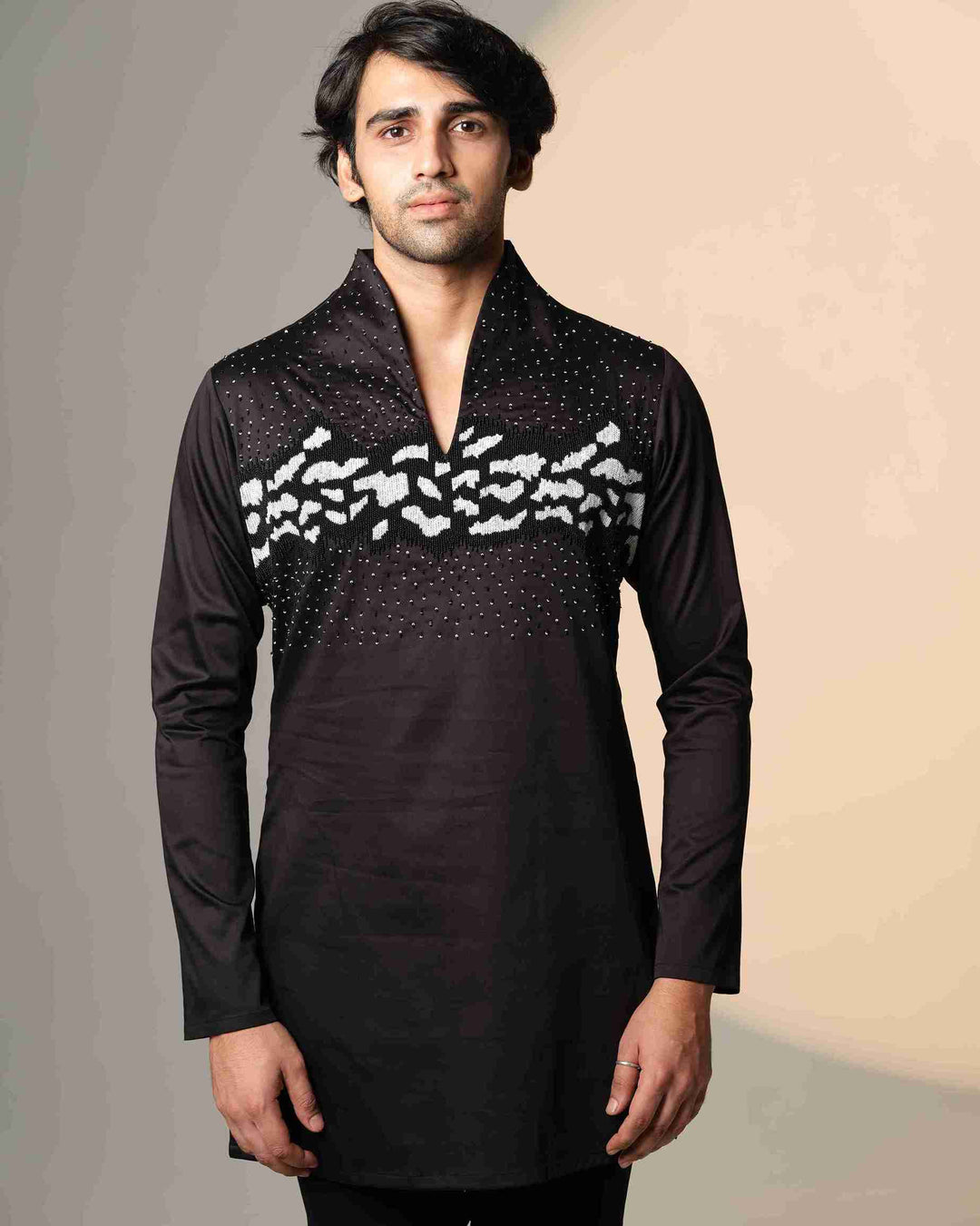 Black Kurta with Hand-Beaded Abstract Monochrome Panel & Scattered Crystal Embellishment