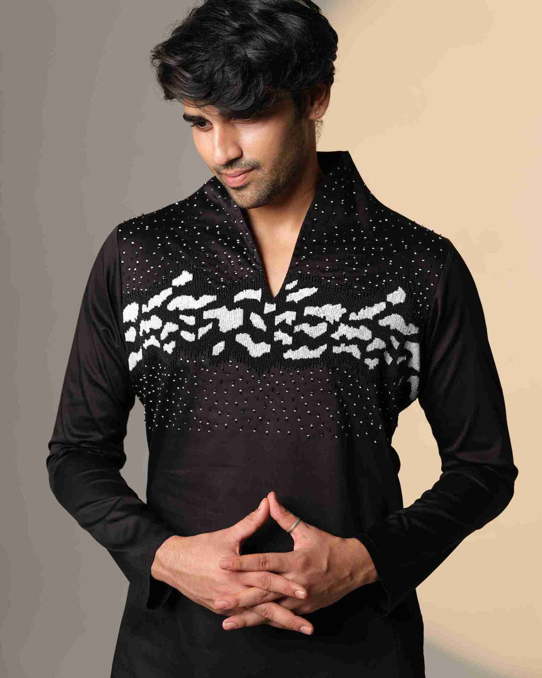 Black Kurta with Hand-Beaded Abstract Monochrome Panel & Scattered Crystal Embellishment