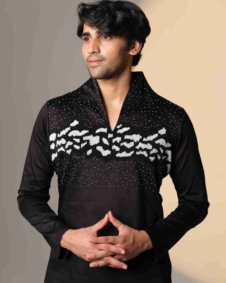 Black Kurta with Hand-Beaded Abstract Monochrome Panel & Scattered Crystal Embellishment