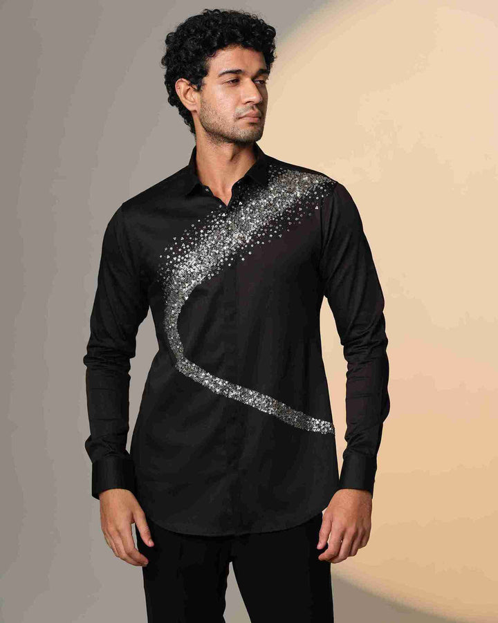 Black Shirt with Galaxy Curve Embellished