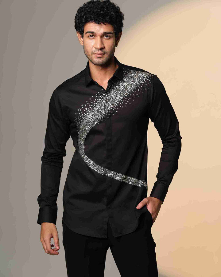 Black Shirt with Galaxy Curve Embellished