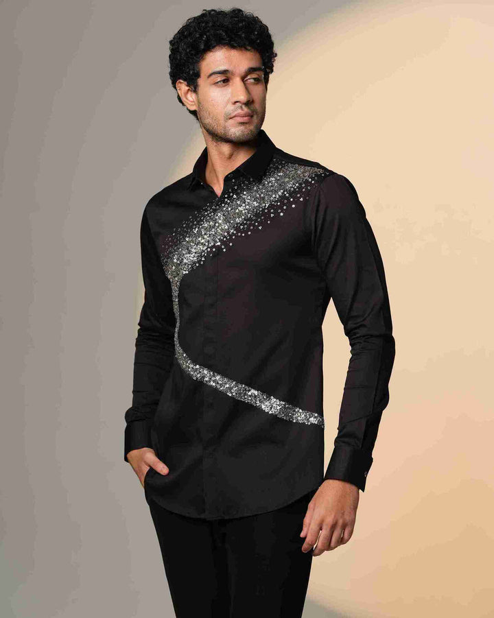 Black Shirt with Galaxy Curve Embellished