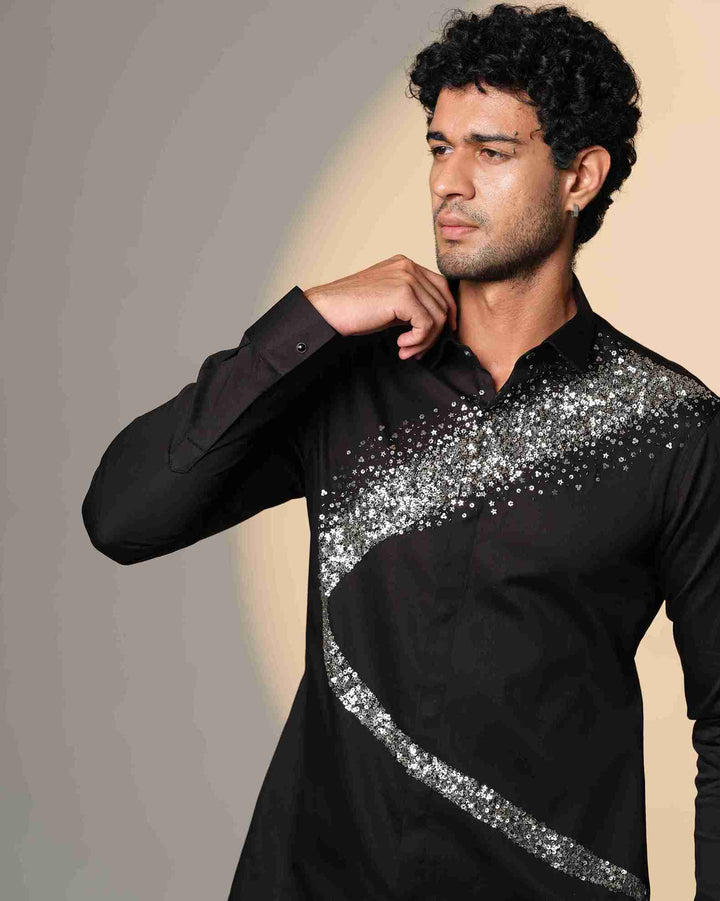 Black Shirt with Galaxy Curve Embellished