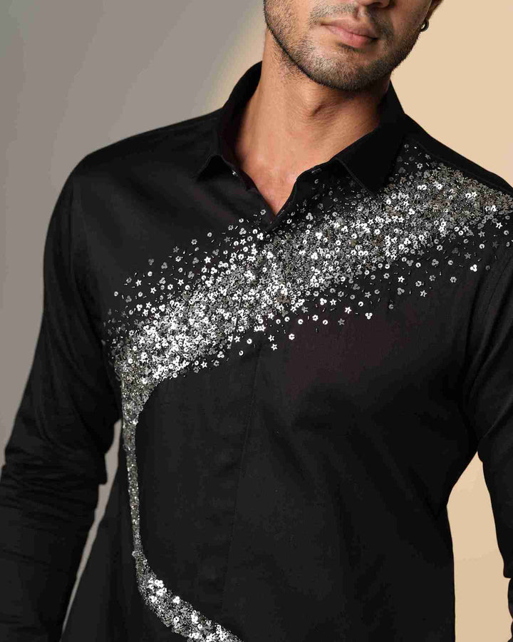 Black Shirt with Galaxy Curve Embellished