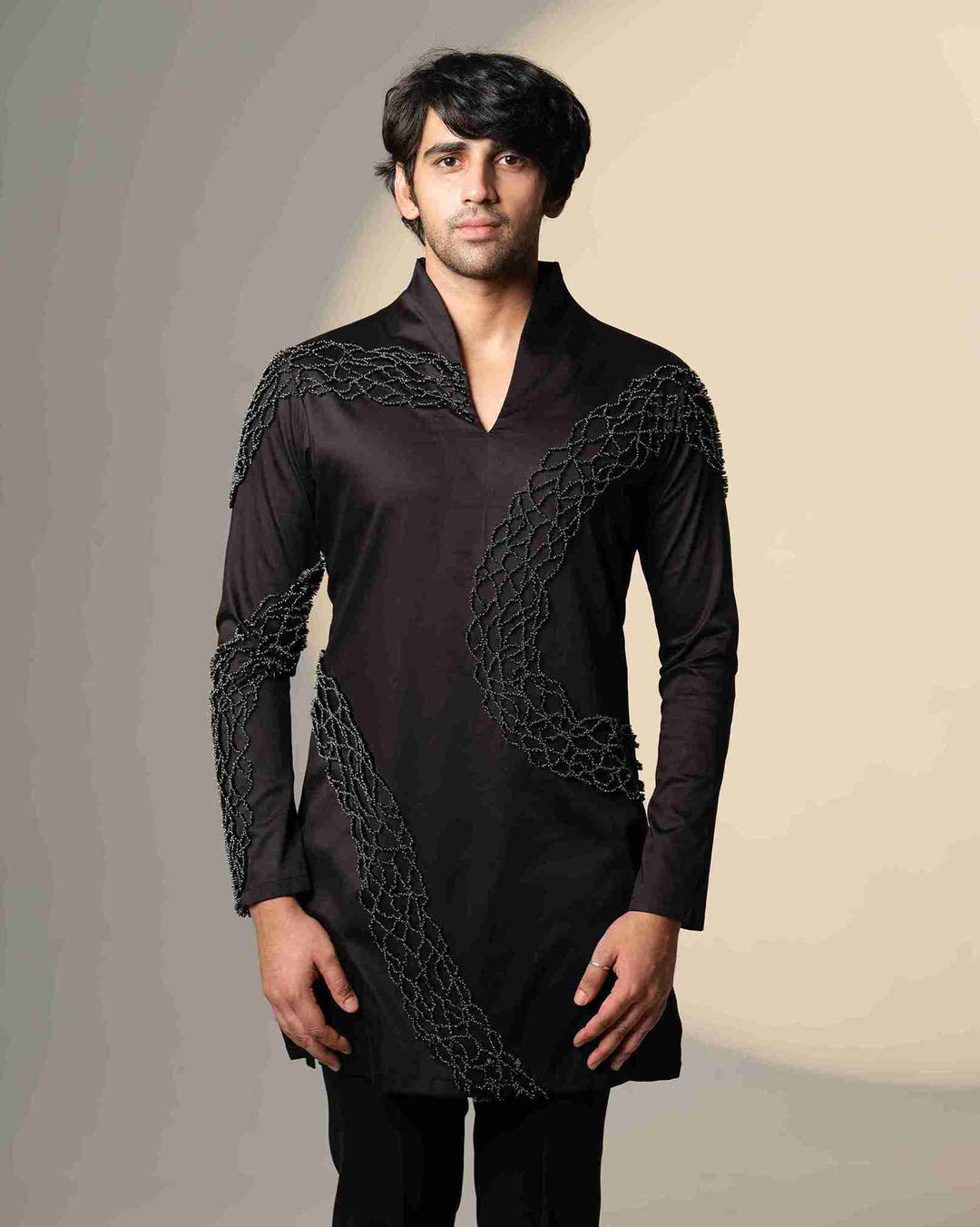 Black Wave Kurta  with Standing Sally and Poth Embellishment