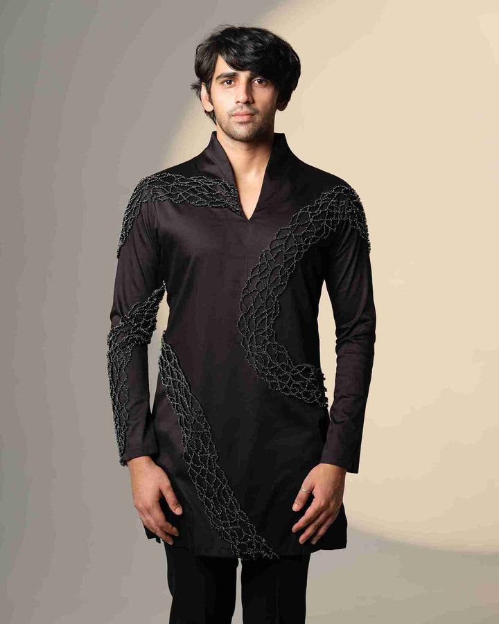 Black Wave Kurta  with Standing Sally and Poth Embellishment