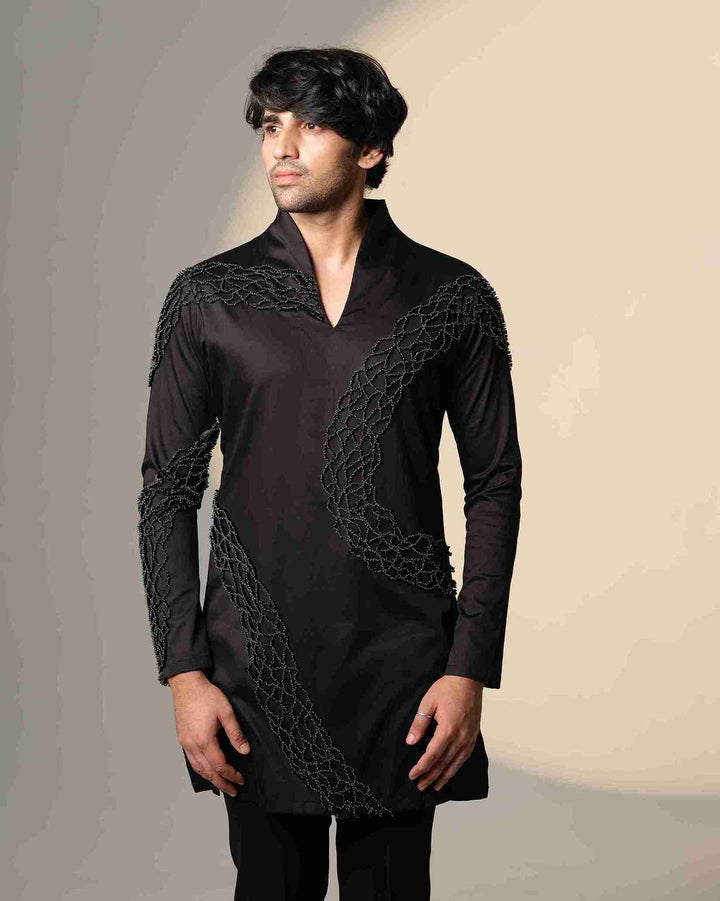 Black Wave Kurta  with Standing Sally and Poth Embellishment
