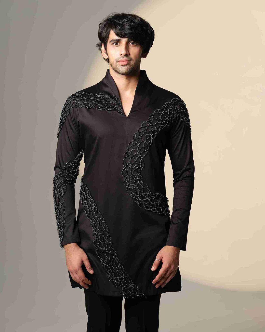 Black Wave Kurta  with Standing Sally and Poth Embellishment
