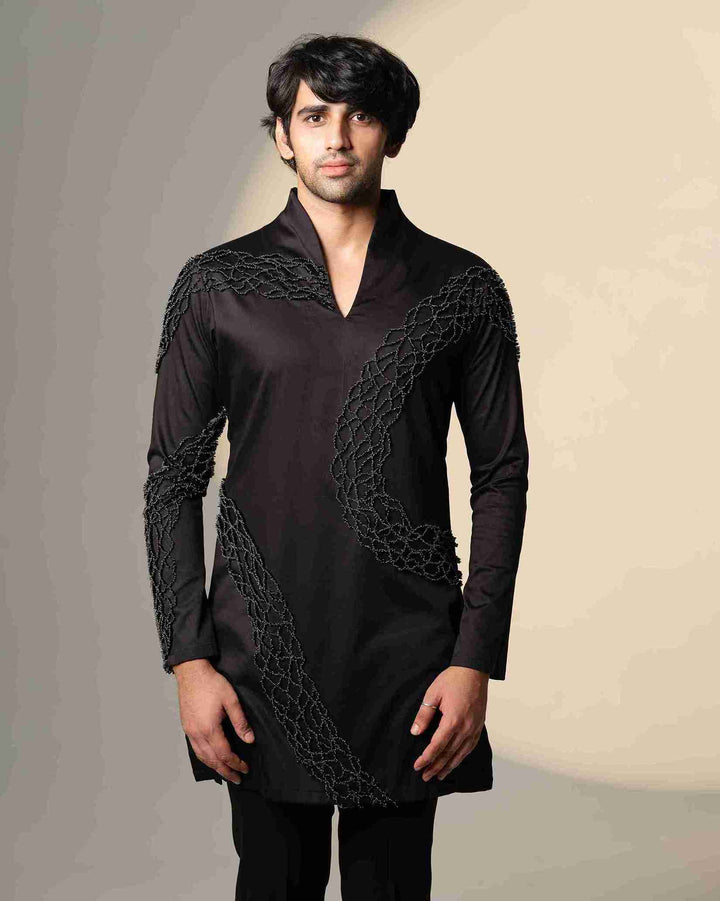 Black Wave Kurta  with Standing Sally and Poth Embellishment