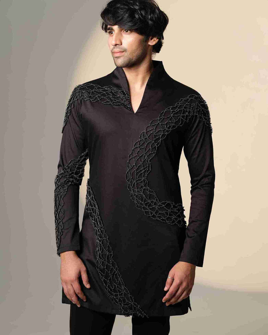 Black Wave Kurta  with Standing Sally and Poth Embellishment