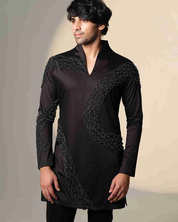 Black Wave Kurta  with Standing Sally and Poth Embellishment