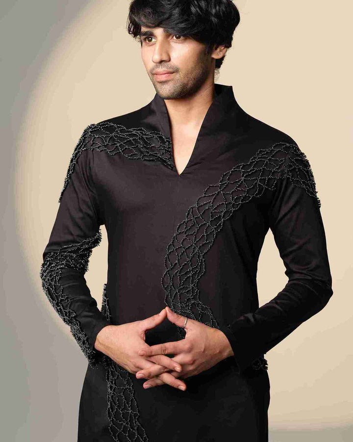 Black Wave Kurta  with Standing Sally and Poth Embellishment