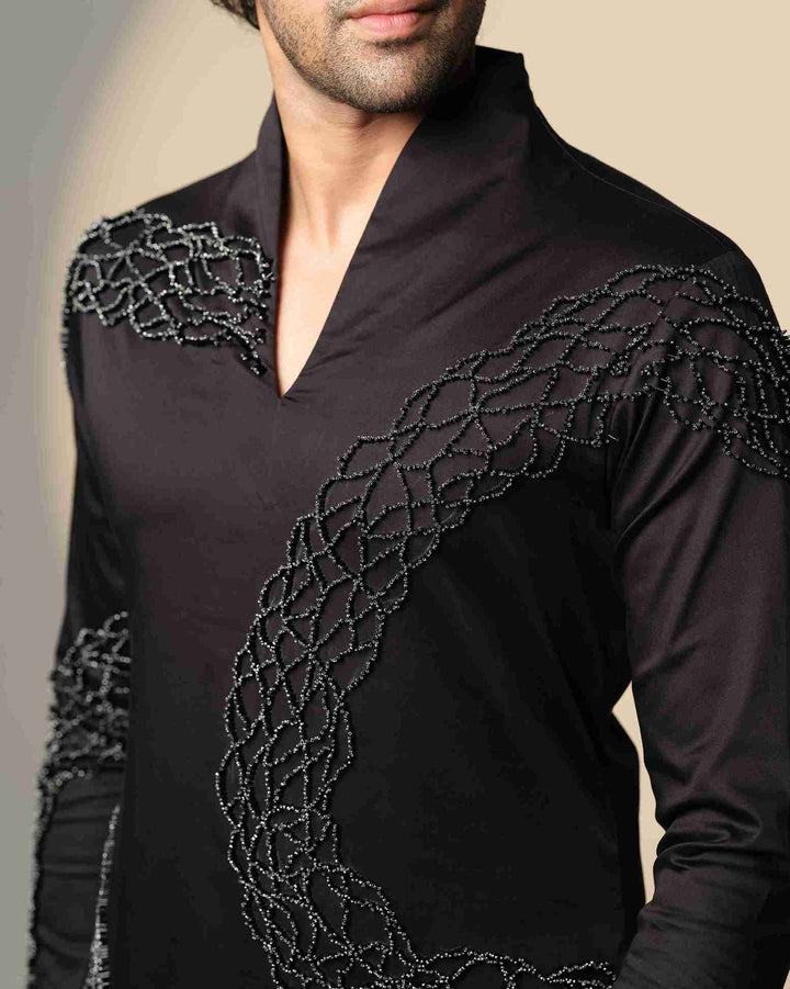 Black Wave Kurta  with Standing Sally and Poth Embellishment