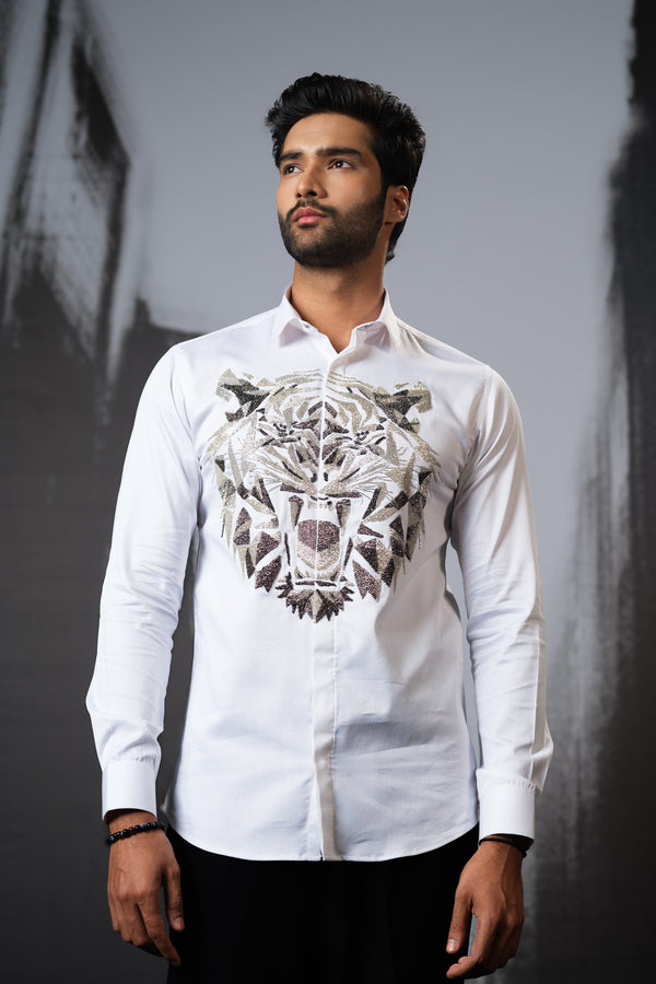 WHITE SHIRT WITH CUTDANA HAND EMBROIDERED 3D TIGER FACE