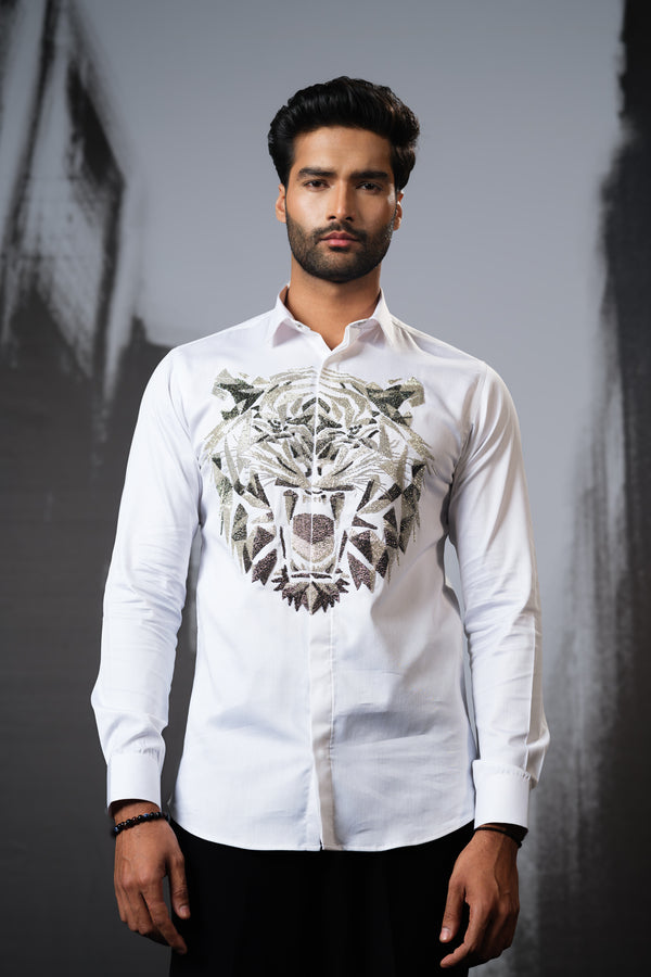 WHITE SHIRT WITH CUTDANA HAND EMBROIDERED 3D TIGER FACE