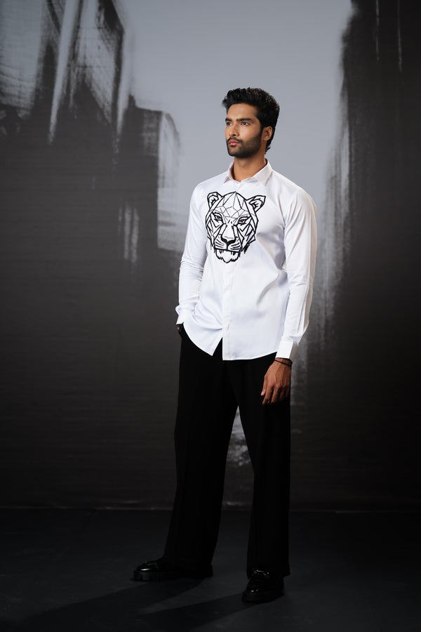 WHITE SHIRT WITH BLACK CUTDANA HAND EMBROIDERED BIG TIGER FACE