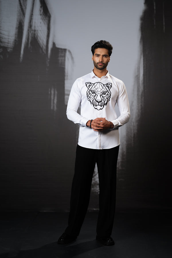 WHITE SHIRT WITH BLACK CUTDANA HAND EMBROIDERED BIG TIGER FACE