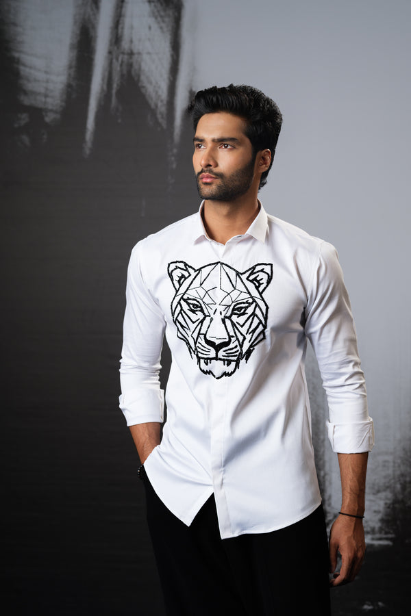 WHITE SHIRT WITH BLACK CUTDANA HAND EMBROIDERED BIG TIGER FACE