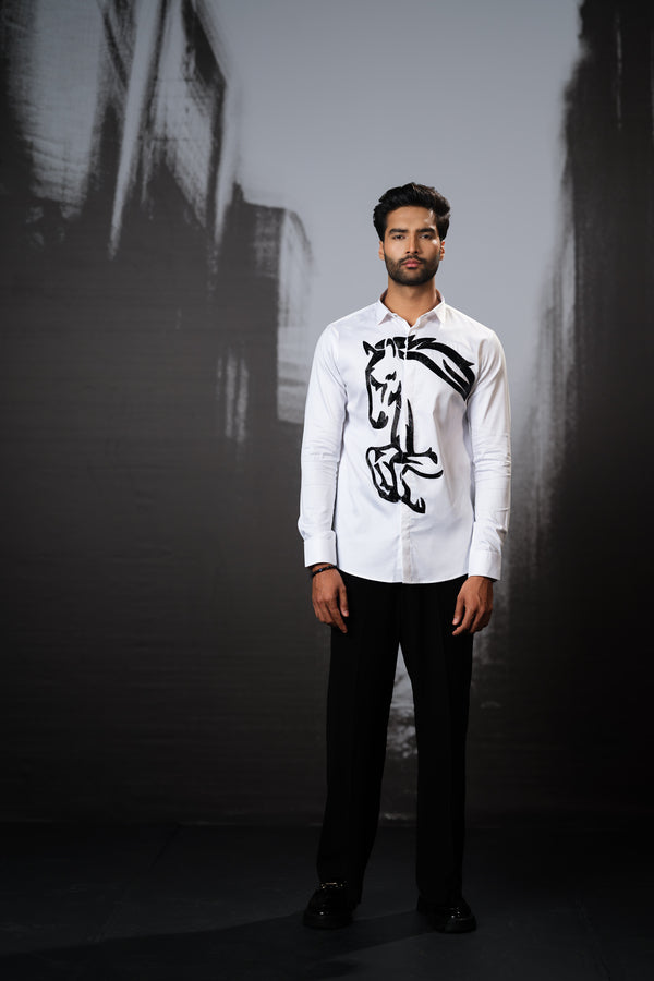 WHITE SHIRT WITH BLACK HAND EMBROIDERED RUNNING HORSE