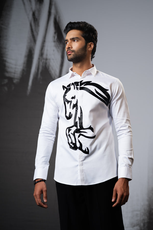 WHITE SHIRT WITH BLACK HAND EMBROIDERED RUNNING HORSE