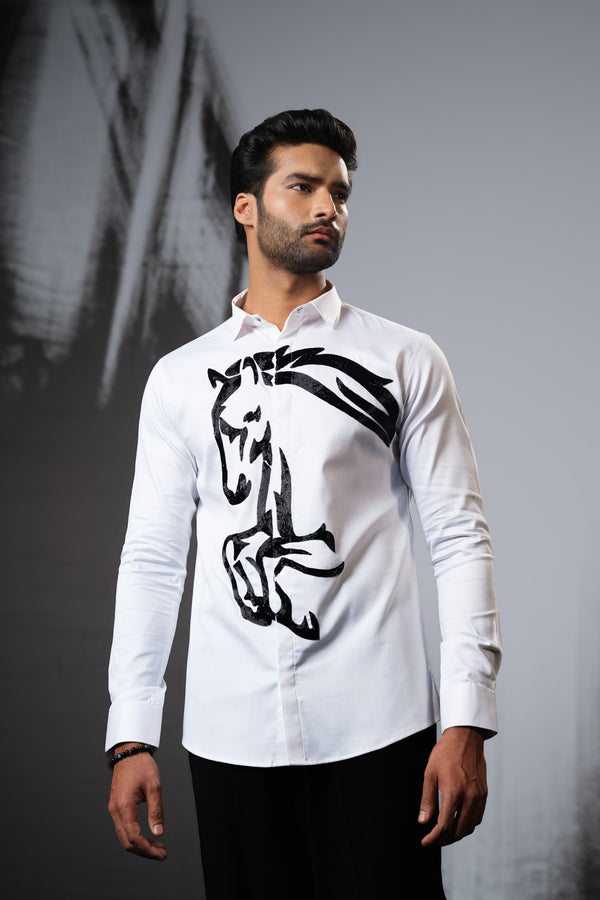 WHITE SHIRT WITH BLACK HAND EMBROIDERED RUNNING HORSE