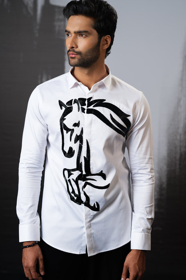 WHITE SHIRT WITH BLACK HAND EMBROIDERED RUNNING HORSE