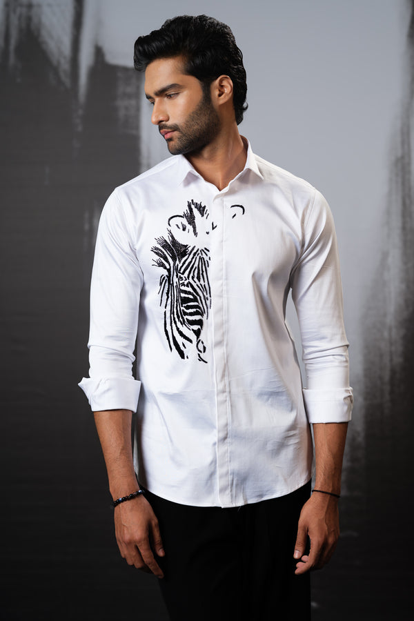 WHITE SHIRT WITH BLACK HAND EMBROIDERED ZEBRA FACE