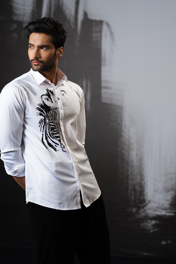 WHITE SHIRT WITH BLACK HAND EMBROIDERED ZEBRA FACE