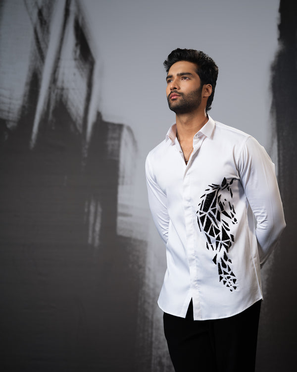 WHITE SHIRT WITH BLACK CUTDANA HAND EMBROIDERED HORSE