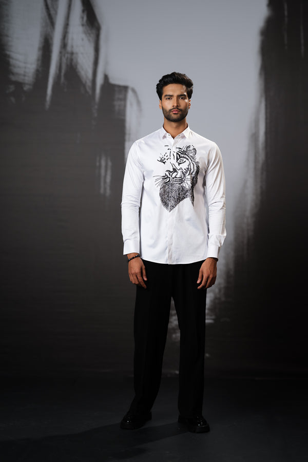 WHITE SHIRT WITH BLACK HAND EMBROIDERED LION FACE