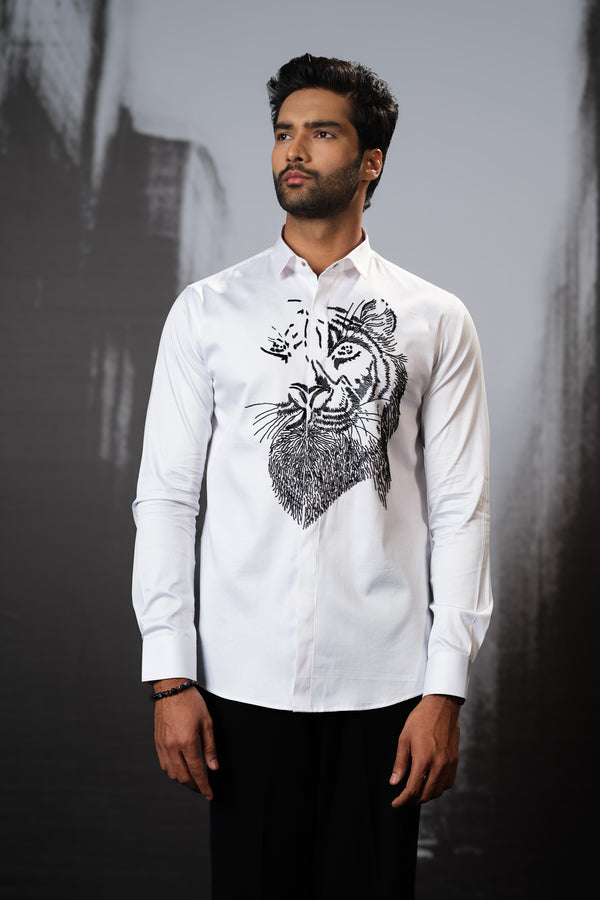 WHITE SHIRT WITH BLACK HAND EMBROIDERED LION FACE