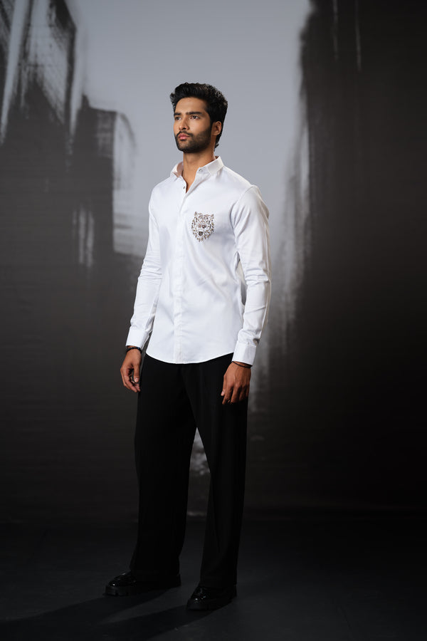 WHITE SHIRT WITH CUTDANA HAND EMBROIDERED 3D TIGER FACE POCKET SQUARE