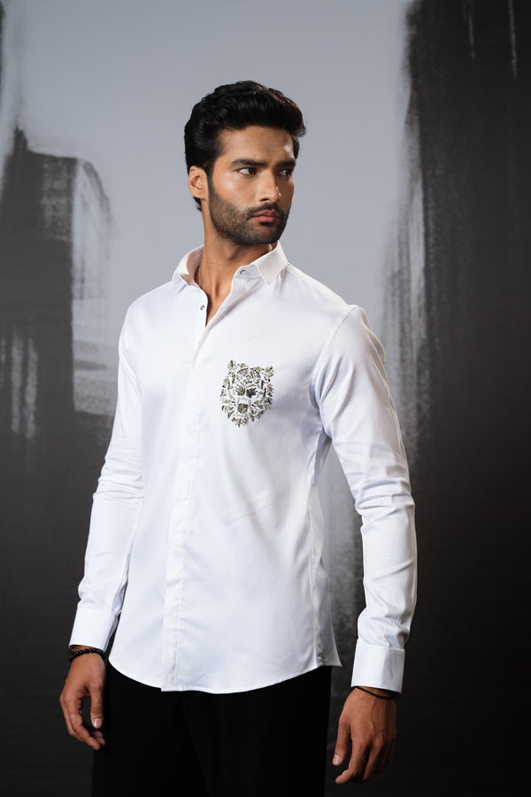 WHITE SHIRT WITH CUTDANA HAND EMBROIDERED 3D TIGER FACE POCKET SQUARE