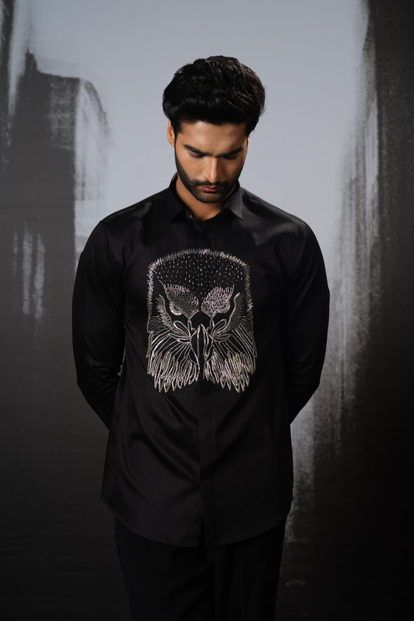 BLACK SHIRT WITH SILVER HAND EMBROIDERED EAGLE FACE